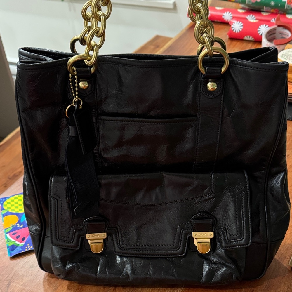 Coach Black Leather Shoulder Bag with Gold Accents